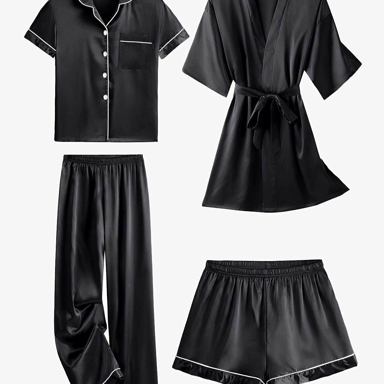 Juliette | 4-Piece Solid Satin Pajama Mid-Sleeve Robe Set