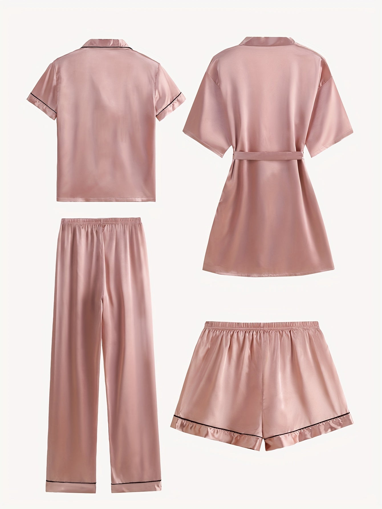 Juliette | 4-Piece Solid Satin Pajama Mid-Sleeve Robe Set