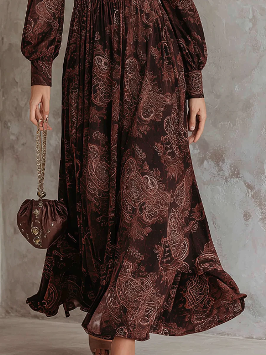 Lunori™ Marlene | Midi Paisley Dress with Zip at the Neck