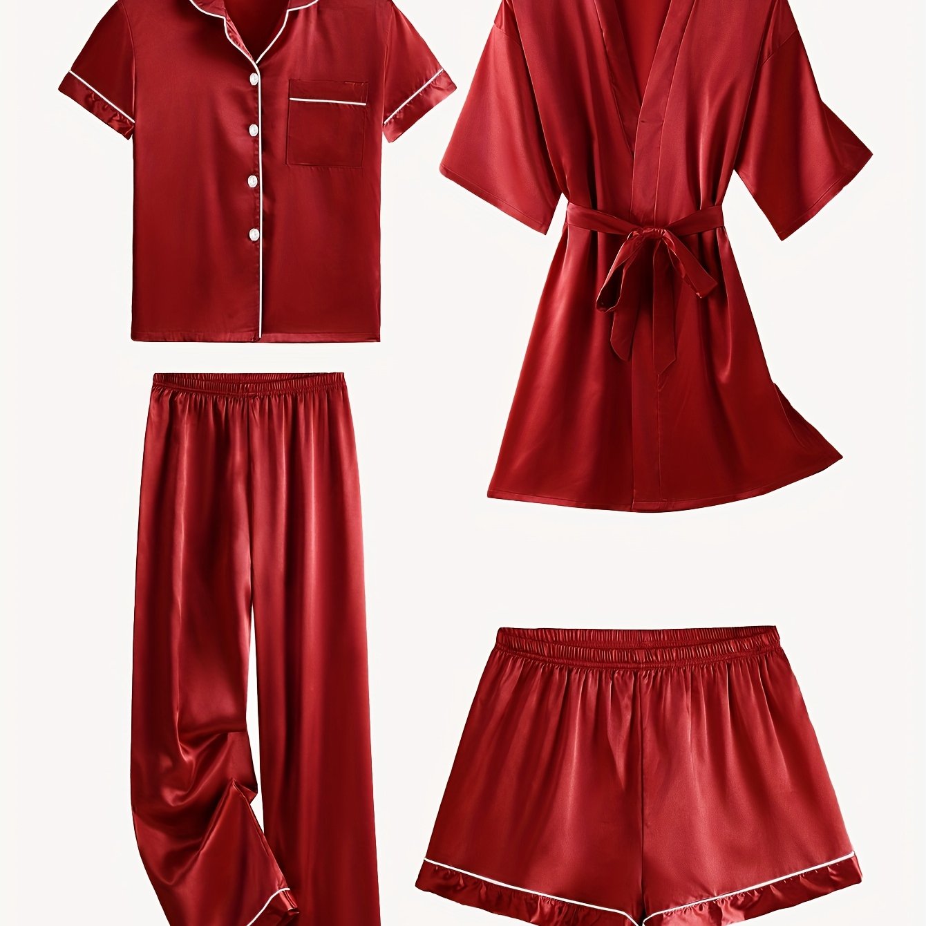 Juliette | 4-Piece Solid Satin Pajama Mid-Sleeve Robe Set