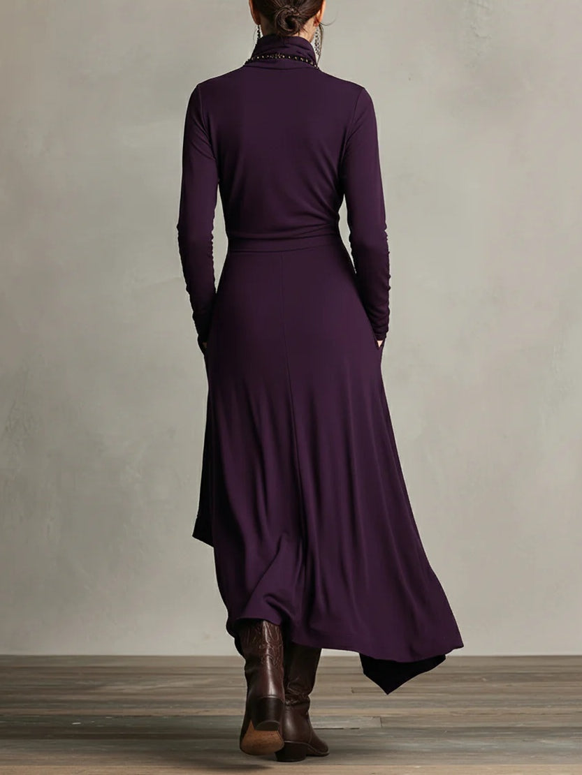 Elowen – Elegant High-Neck Asymmetrical Maxi Dress